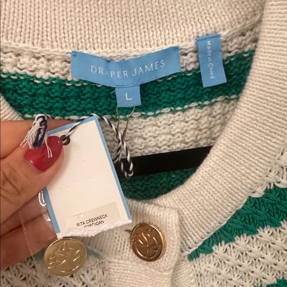 NWT Draper James Rita crewneck green & white striped cardigan size large - Picture 4 of 7